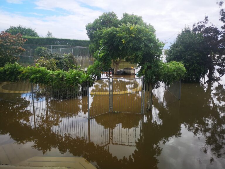 The fenced pool submerged in floodwater